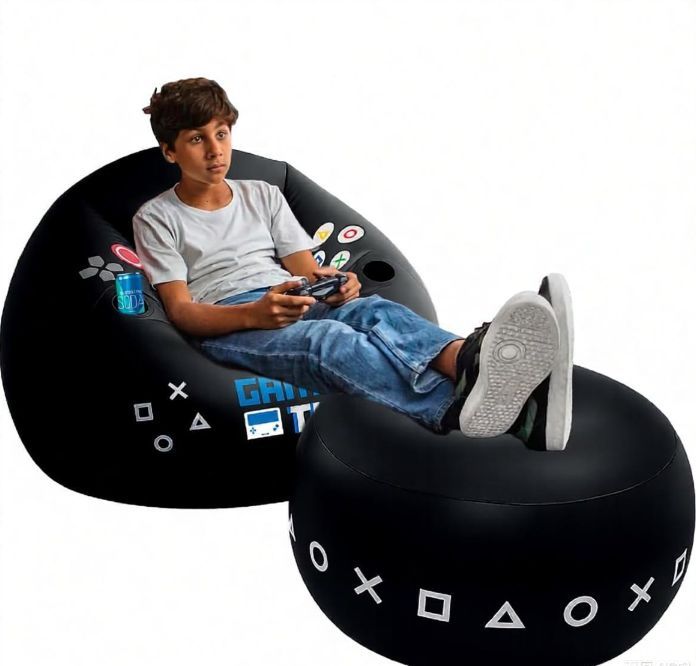 Inflatable Gaming Chair for Kids & Teens with Cup Holders and Side Pocket - This Air Bean Bag Game Chair is The Perfect Furniture for Gamer Room DΓ©cor (Gaming Time with Ottoman)